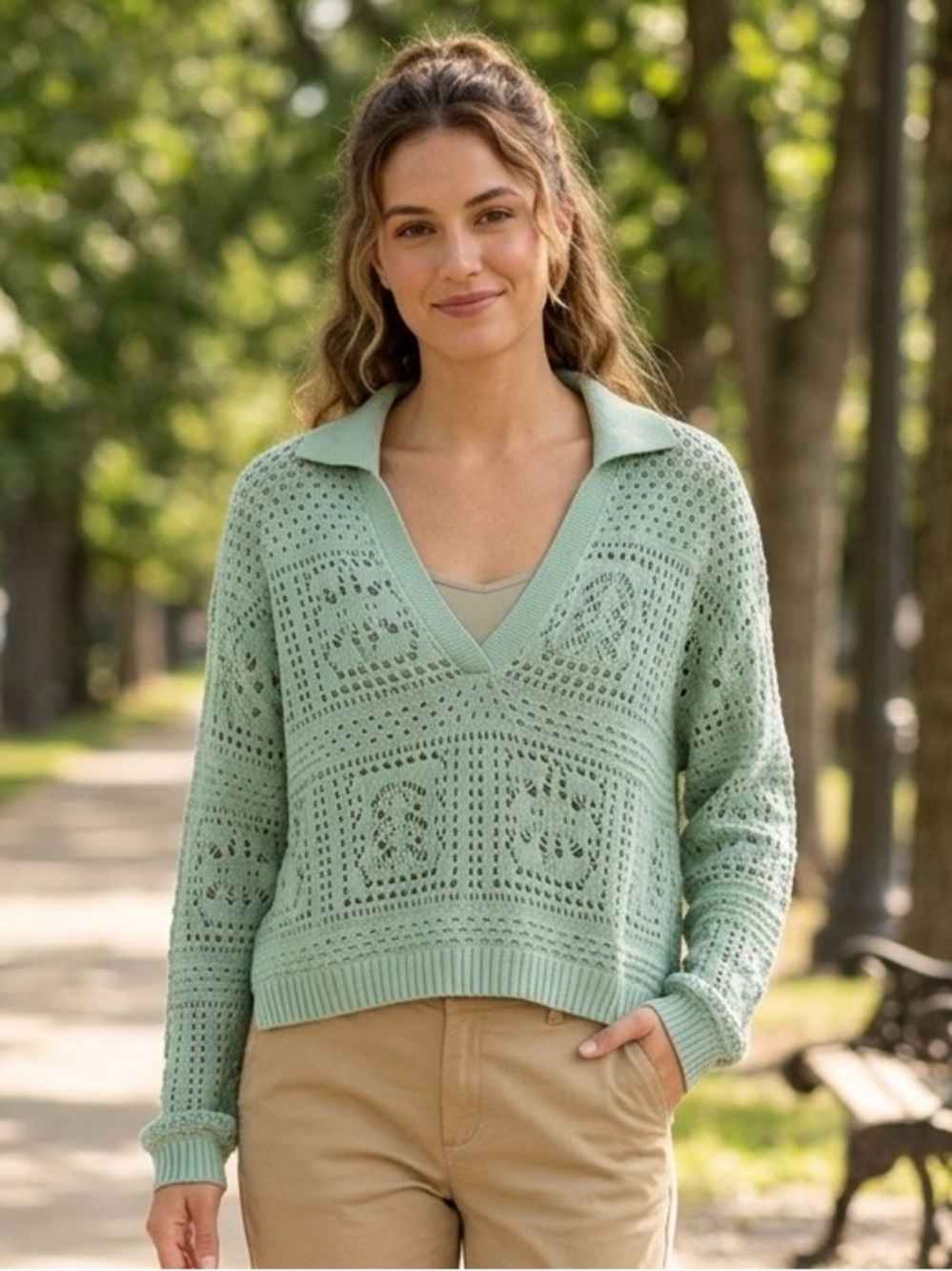 Elan Mint Green Collared V-Neck Open knit Sweater